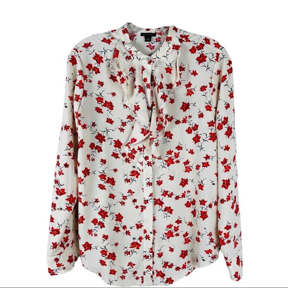 Ann Taylor Tops - Ann Taylor cream red floral cottagecore button front ruffle blouse XS